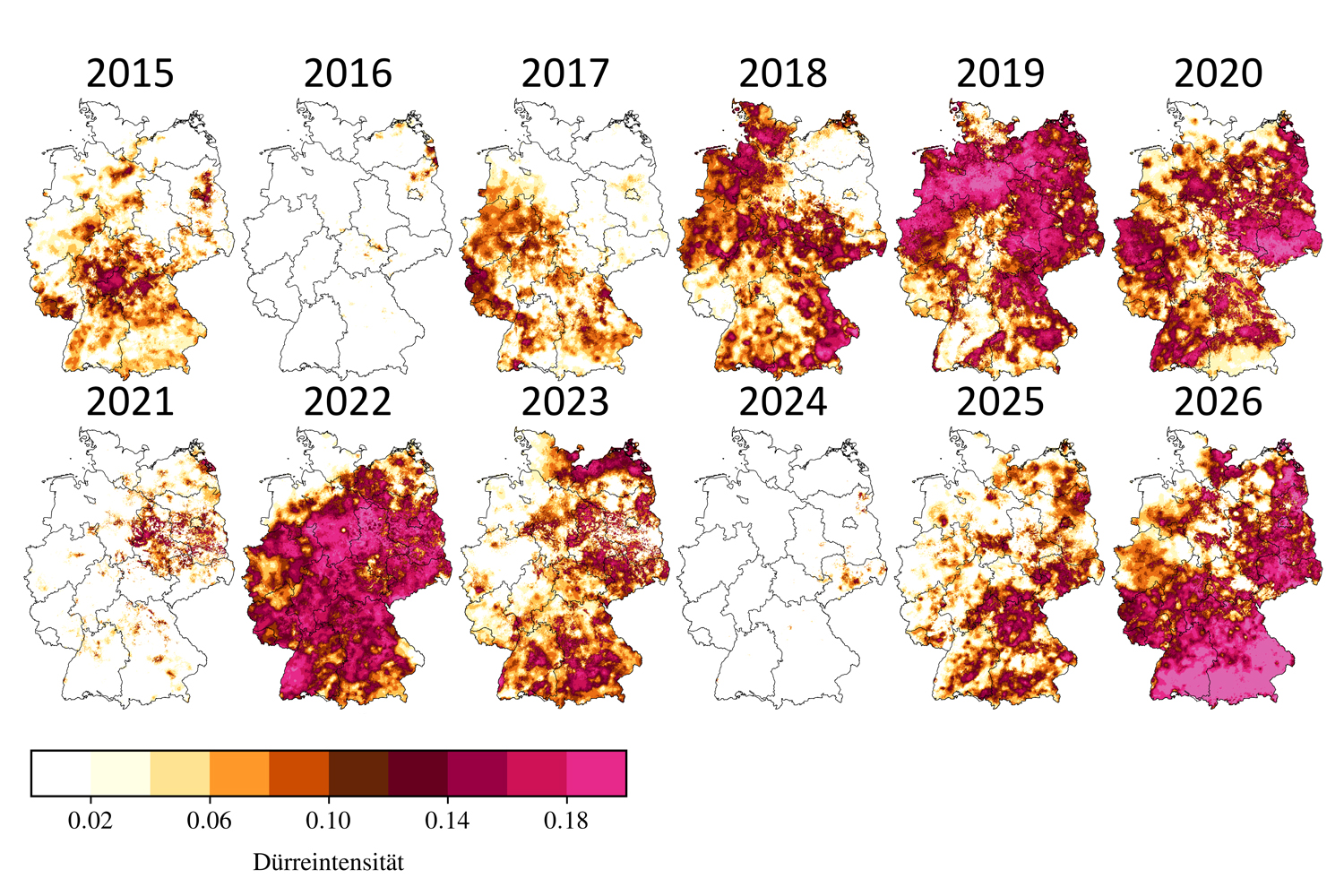 D&uuml;rreintensit&auml;ten im meteorologischen Sommer (Juni-August) f&uuml;r die Jahre 2015 bis 2026 im Gesamtboden. Je trockener der Boden ist und je l&auml;nger die D&uuml;rre anh&auml;lt, desto h&ouml;her sind die D&uuml;rreintensit&auml;ten. Null (wei&szlig;) bedeutet, dass an keinem Tag D&uuml;rre herrschte. Der Maximalwert 0.2 (pink) tritt auf, wenn alle Tage im betrachteten Zeitraum an einem Ort trockener waren als im statistischen Vergleichszeitraum 1974 bis 2023. Quelle: UFZ-D&uuml;rremonitor